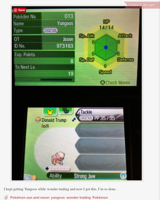 Illustration for article titled Pokemon Sun and Moon's Wonder Trade Is Full of Monsters Named Donald Trump
